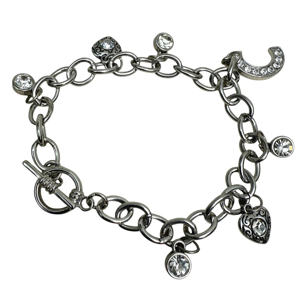 Silver Tone Rhinestone Heart Charm Bracelet Toggle Clasp Jewelry Sz 7.25